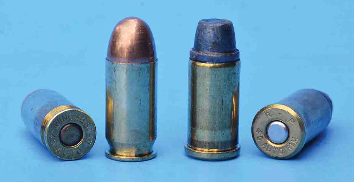 The Smith & Wesson Model 22-4 will readily accept either .45 ACP cartridges (left) or .45 Auto Rim (right).